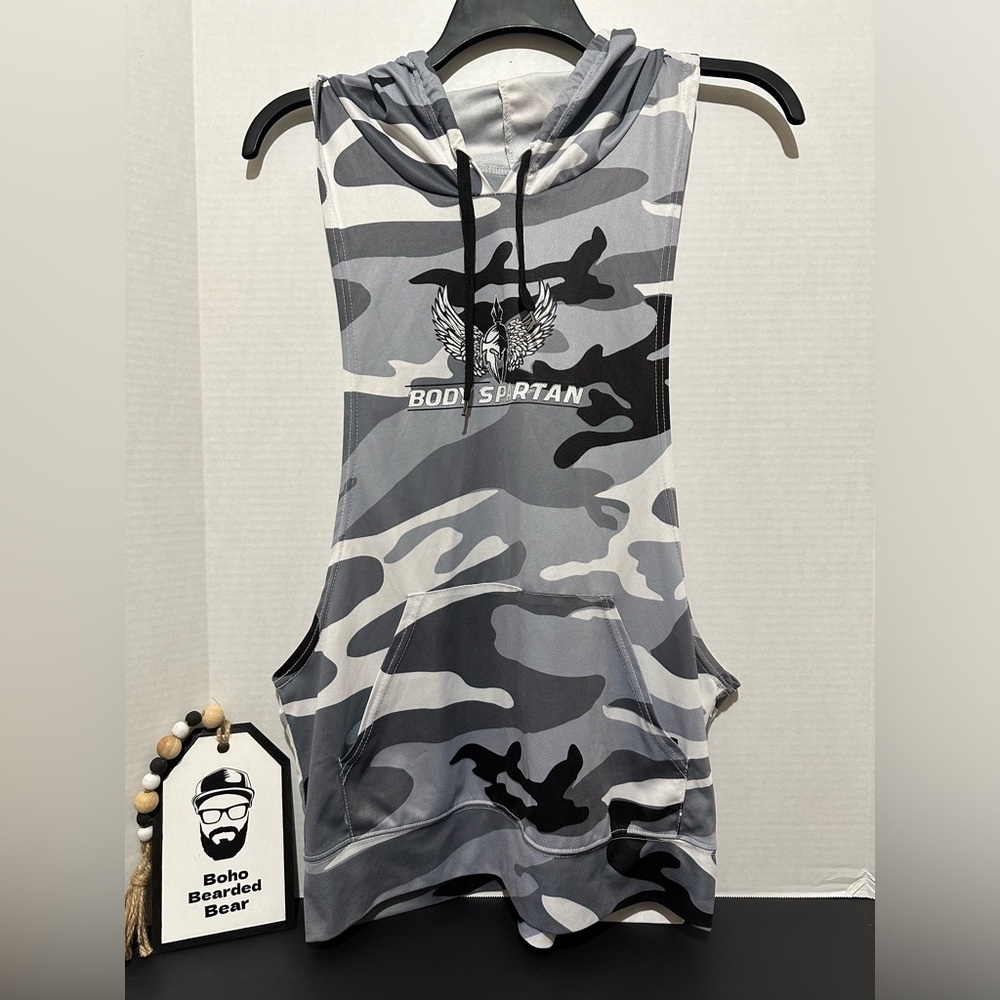 Body Spartan Camouflage Black and Gray Workout Shirt Men size Large